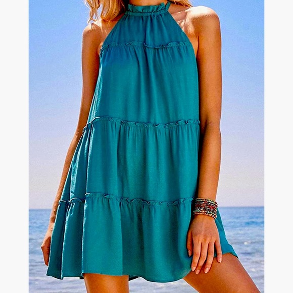 Cupshe Dresses & Skirts - CUPSHE Women's Mini Dress High Neck Halter Ruffle Tiers Sleeveless Cover Up Med
